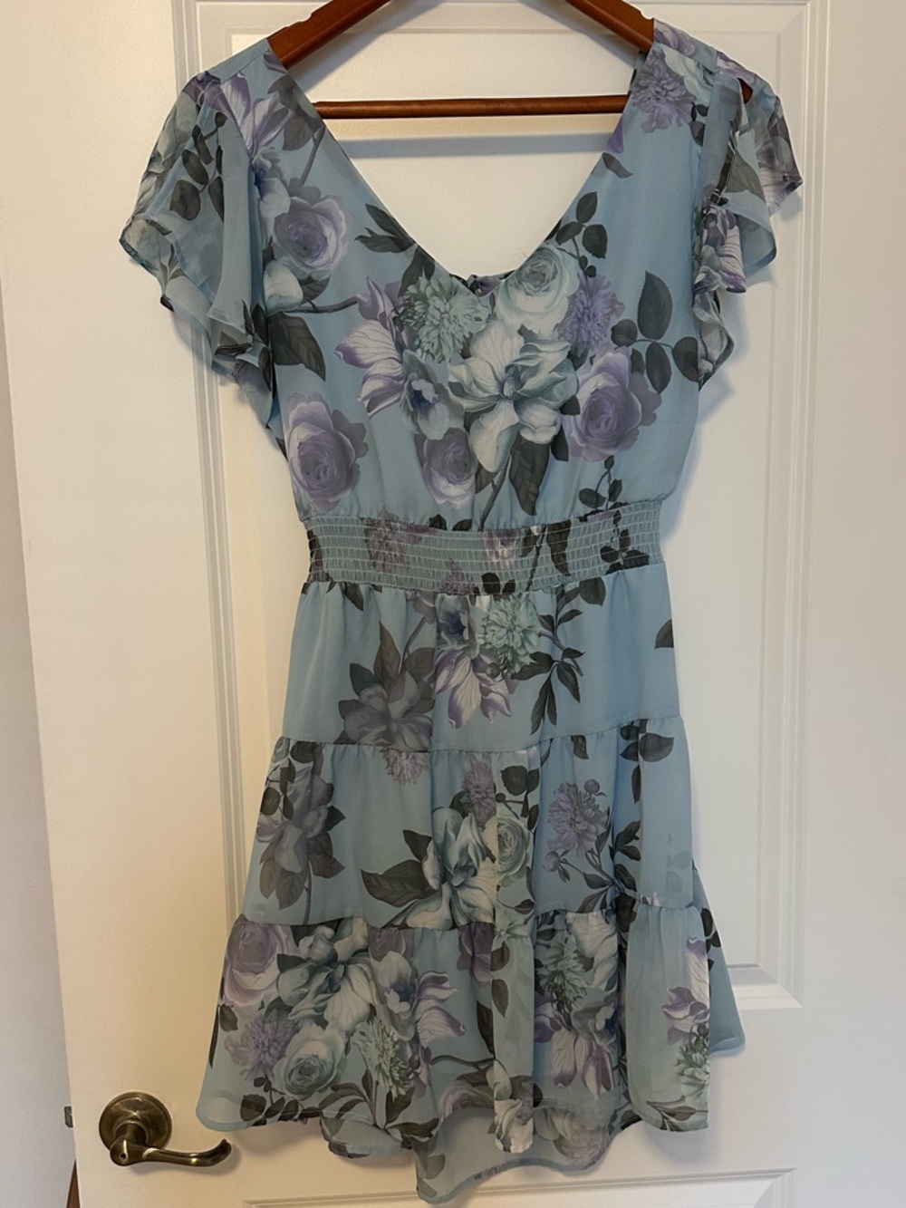 Floral V-Neck Tiered Dress in Light Blue